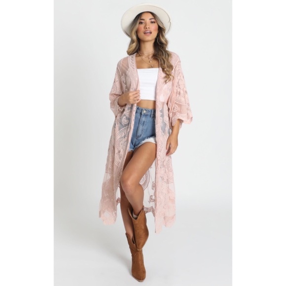 Blush Pink Scalloped Sheer Mesh Lace Boho Kimono - Picture 4 of 4